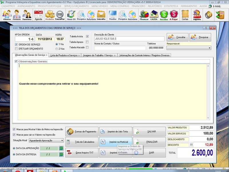 Imagens do Programa Vidra�aria e Esquadria v5.7 Plus